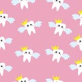 Seamless pattern with cute funny tooth fairy with a golden crown and wings on a pink background. Illustration can be used like pos